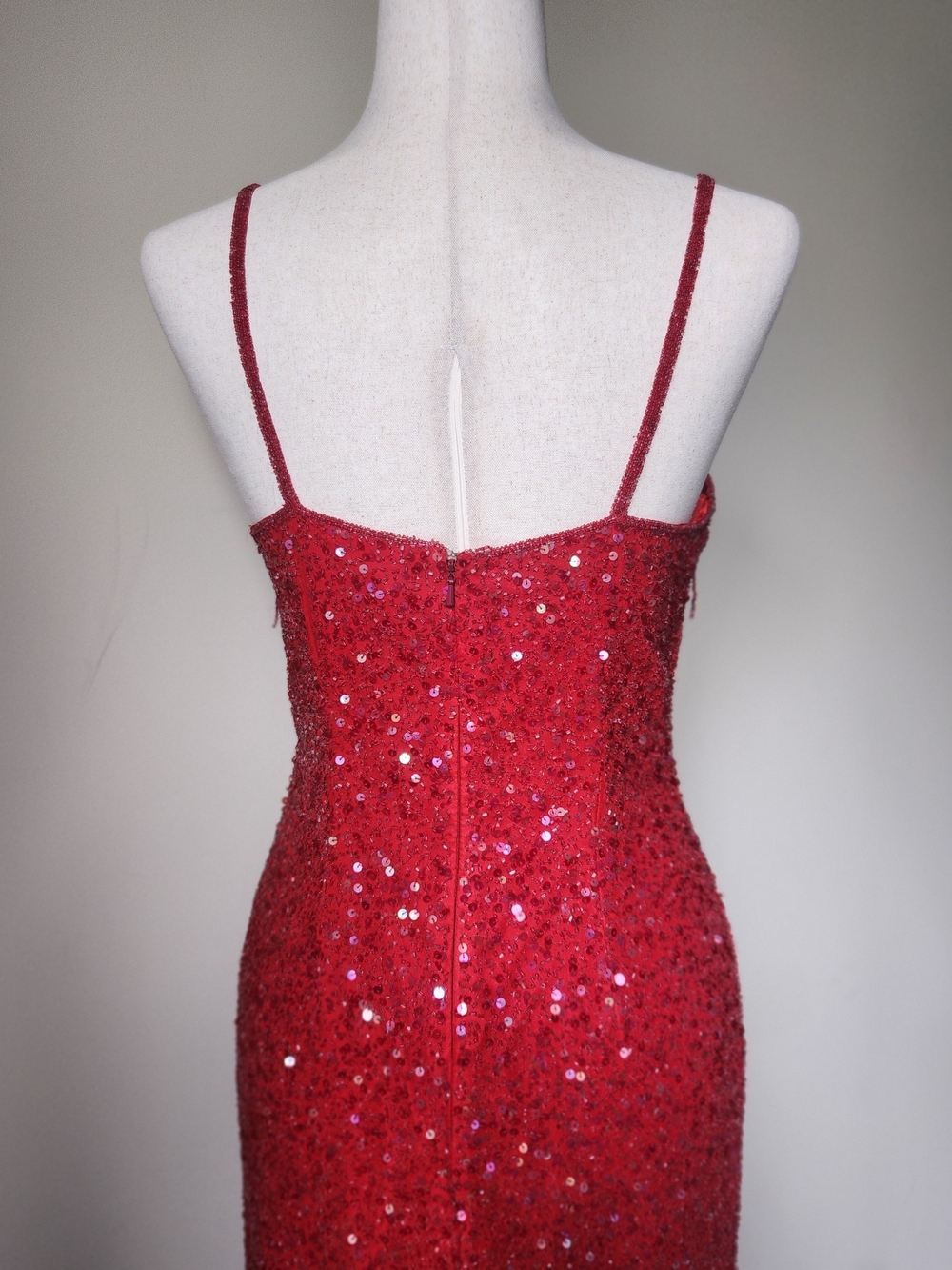 Vintage 1990s Scala Red Silk Beaded Sequin Fringe Maxi Gown Made in India M - Picture 6 of 15